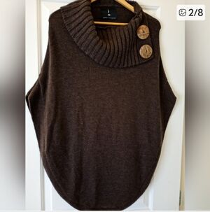Urku~ Cashmere Blend Chocolate Brown Cowl Neck Sweater Poncho (OS)